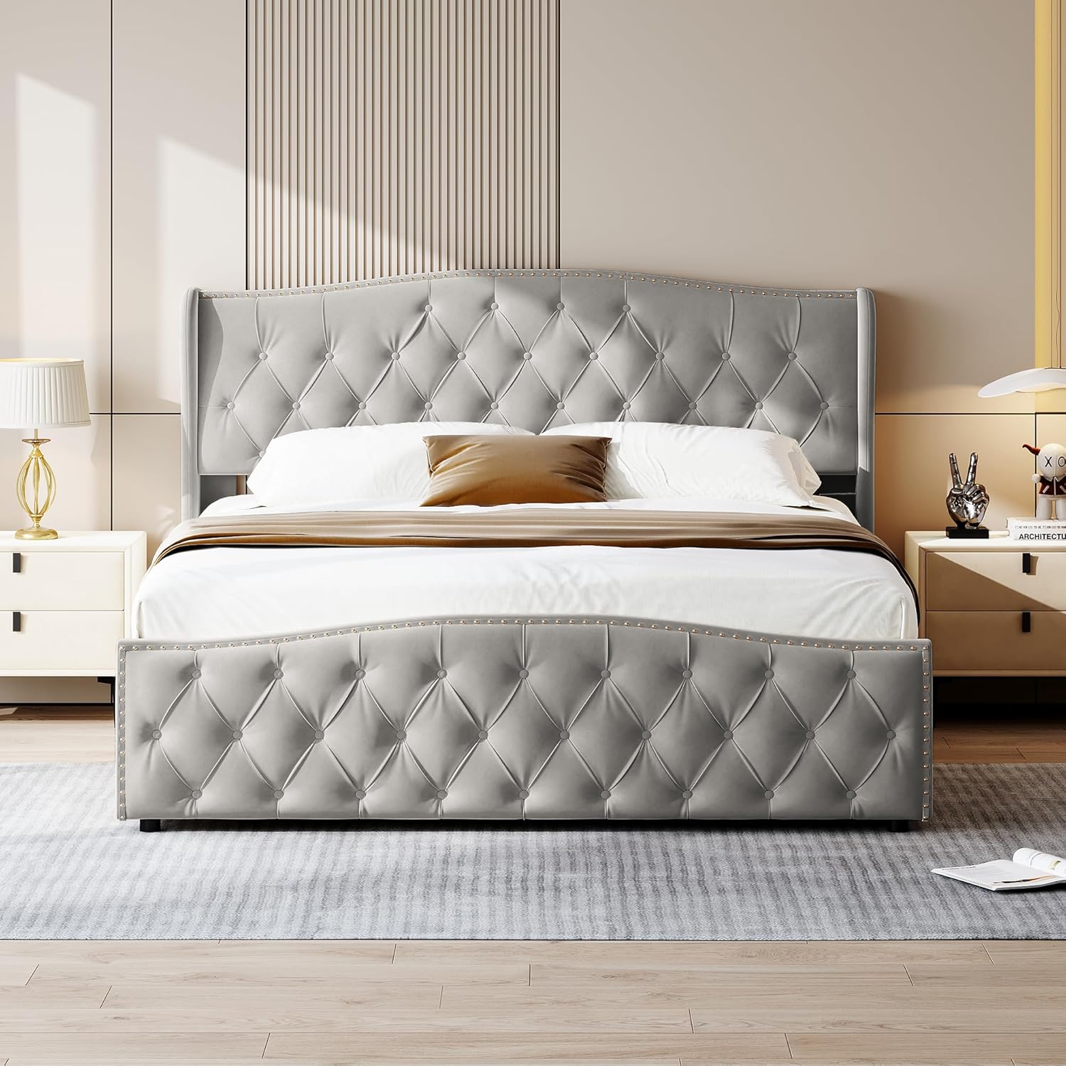 Vejle Velvet Double Bed 160 x 200 cm with Storage - Grey - Image 4