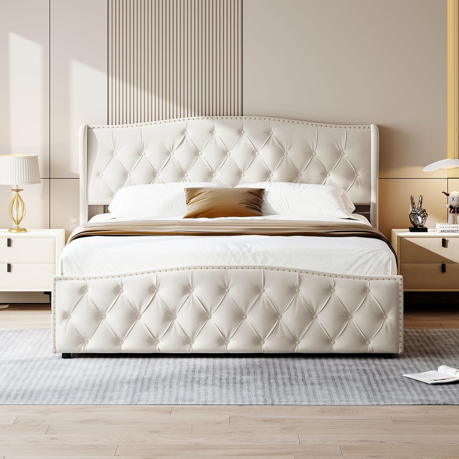 Vejle Velvet Double Bed 160 x 200 cm with Storage - Beige - Image 4